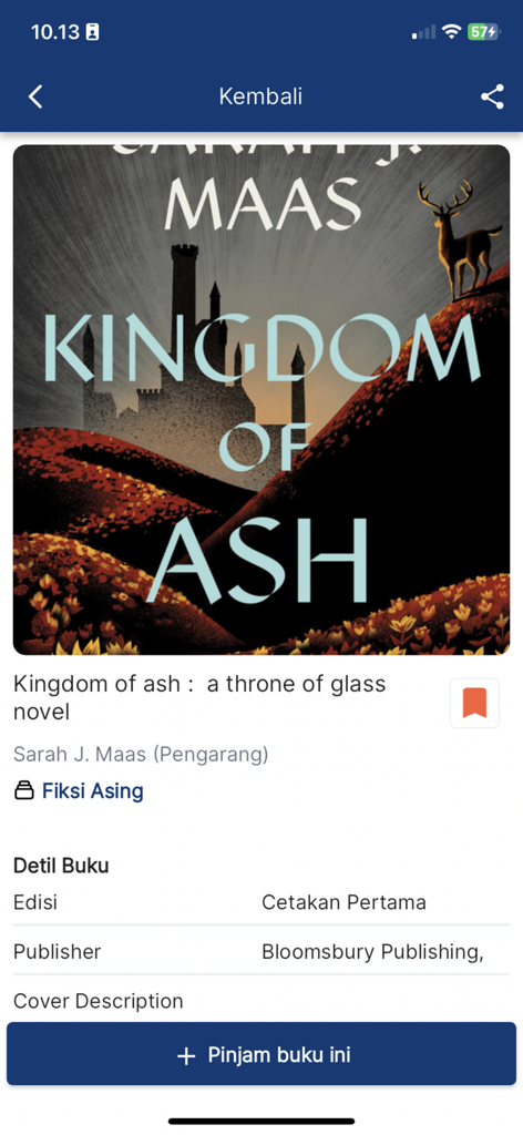 Jaklitera mobile app screen showing the book details and borrow button for Kingdom of Ash by Sarah J. Maas