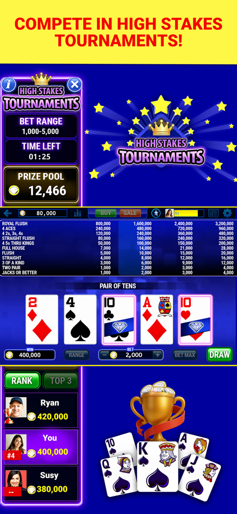 Multi-Play Video Poker ™ - Écran de jeu Multi-Play Video Poker montrant un classement de tournoi à enjeux élevés et une cagnotte