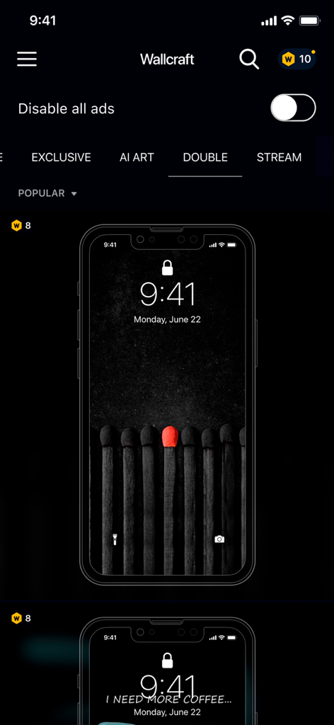 Wallcraft – Wallpapers, live - Interface do aplicativo Wallcraft mostrando a categoria de papel de parede duplo e um design de palito de fósforo para iPhone