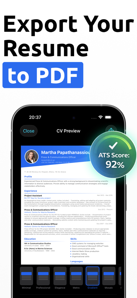 CV Maker: AI Resume Builder - Interfaz de la aplicación móvil mostrando una vista previa de currículum profesional con una puntuación ATS del 92 por ciento y la opción de exportación a PDF.