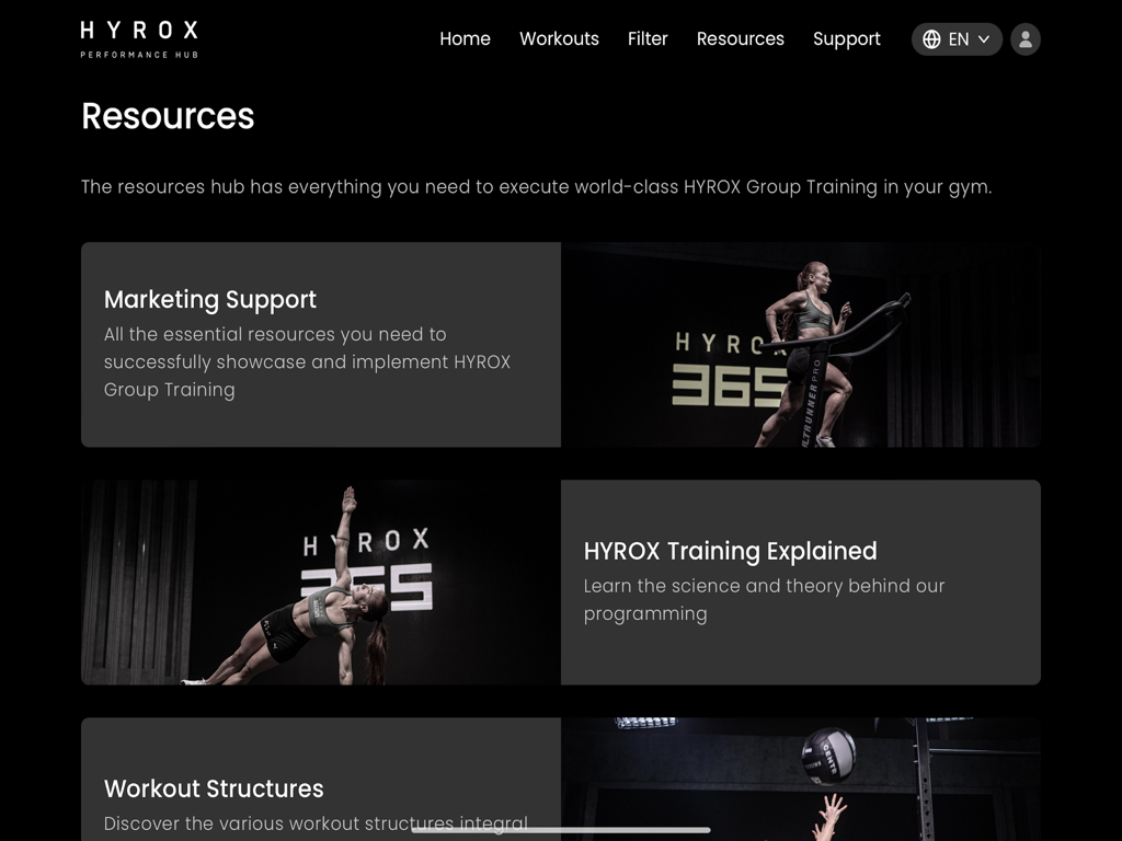 Resources page of the HYROX Performance Hub app showing marketing support and training theory modules for fitness professionals.