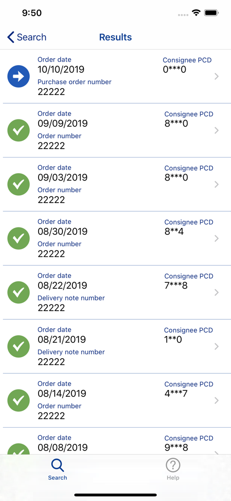 DACHSER App Sendungsverfolgungs-Ergebnisseite mit Bestelldaten und Lieferstatus