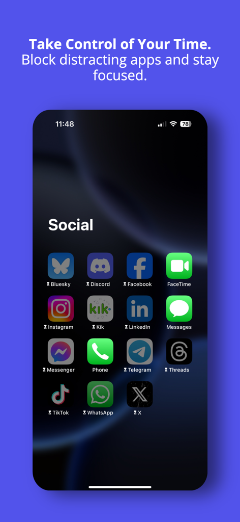 Smartphone screen showing various social media apps blocked with hourglass icons to improve focus and productivity.