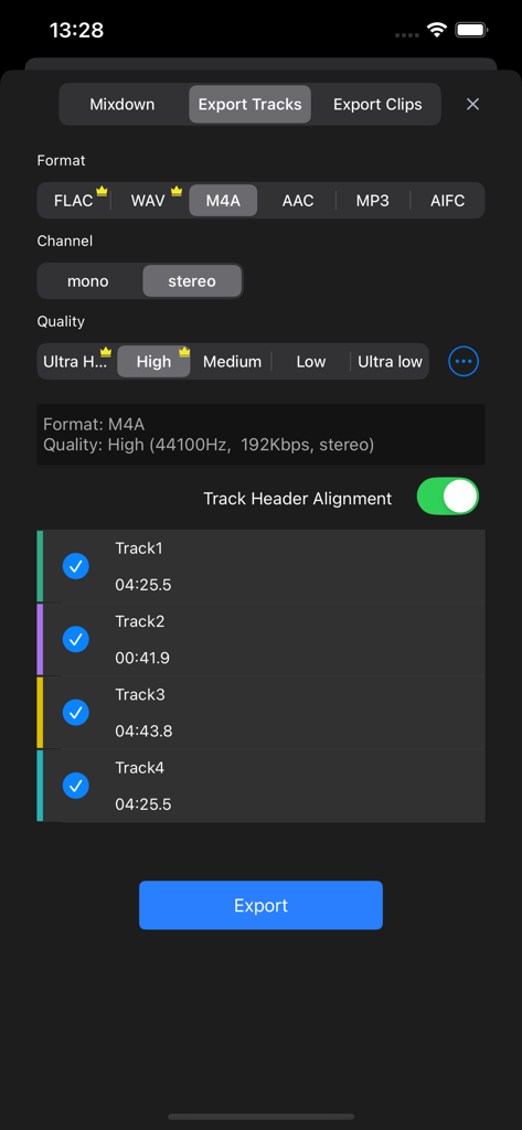 Interfaccia per l'esportazione di tracce audio nell'app Au Editor che mostra le opzioni di formato, qualità e selezione dei canali.