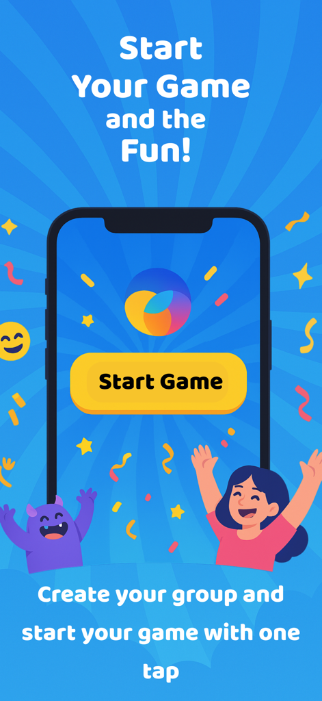 Truth or Lie: Party Game - Pantalla de inicio móvil del juego de fiesta ¿Verdad o Mentira? con un gran botón de inicio amarillo con confeti festivo y personajes de dibujos animados.