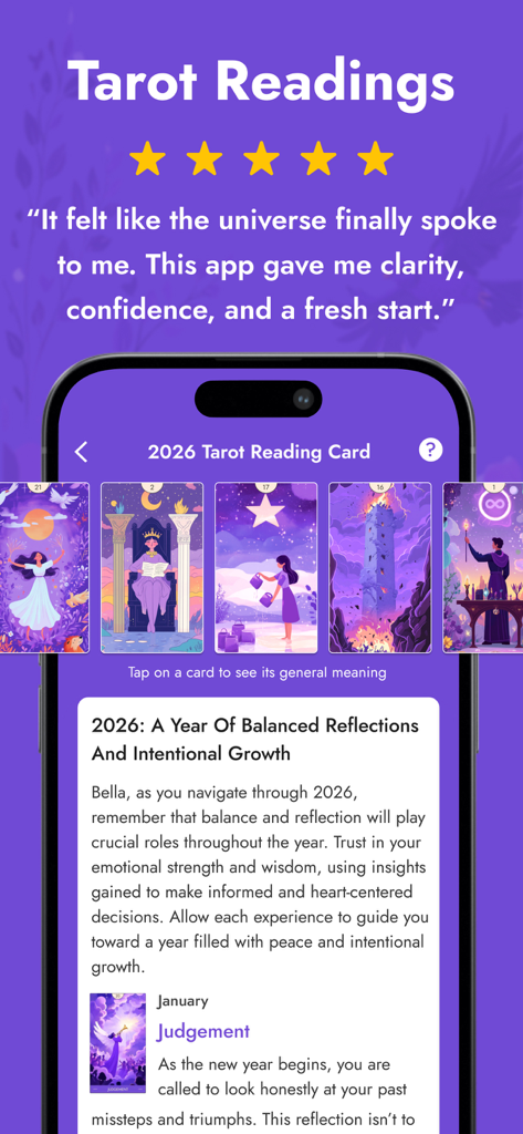 AstroBella Astrology Horoscope - AstroBellaアプリインターフェース、スピリチュアルカードと成長ガイダンスを含むパーソナライズされた2026年のタロットリーディングを表示