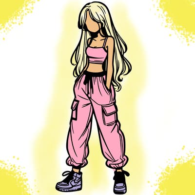 girl in baggy pants crop top and long hair