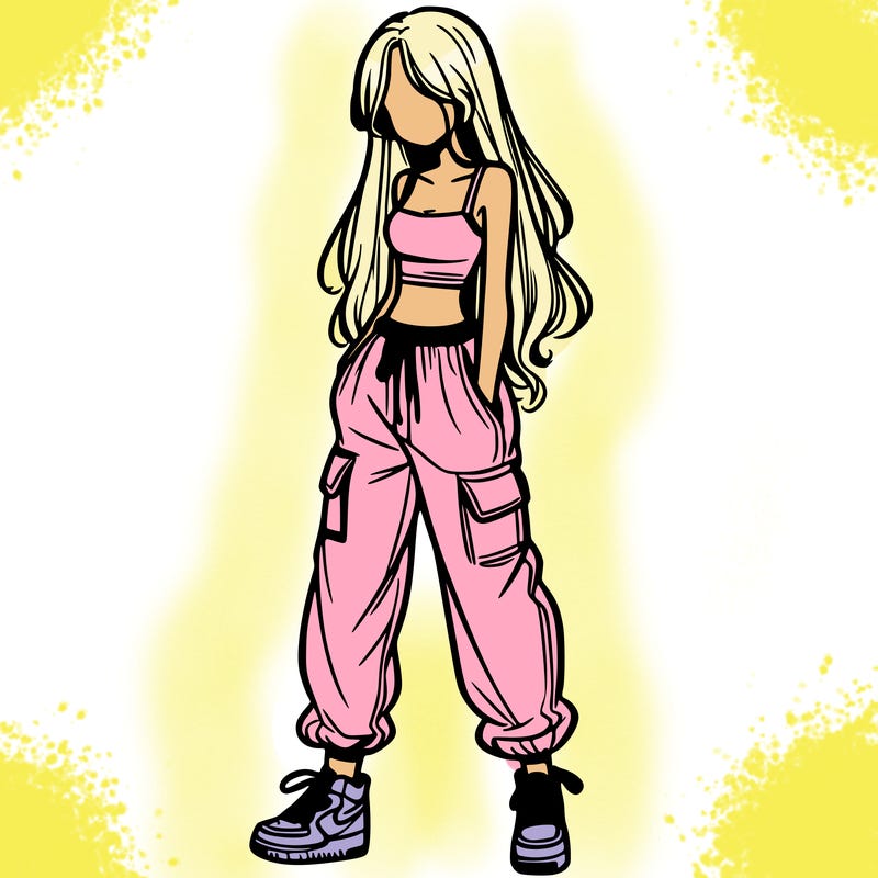 girl in baggy pants crop top and long hair