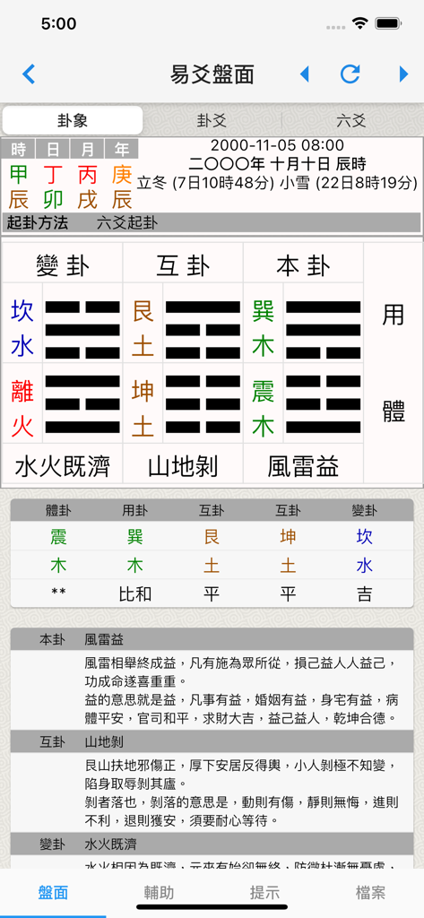 易爻-專業的易經占卜排盤工具 - Un gráfico profesional de análisis de hexagramas I Ching en la aplicación Yi Yao que muestra datos de adivinación y elementos