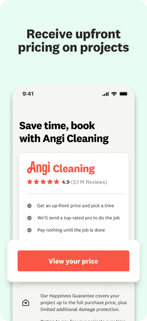 Interface of the Angi app displaying home cleaning services with upfront pricing, user ratings, and a book now button.