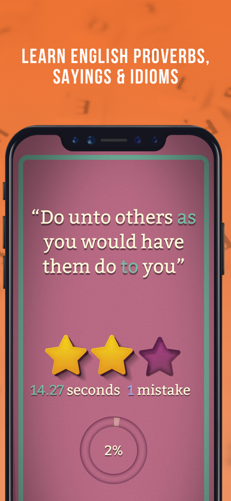 A smartphone screen displaying an English proverb game with stars and a timer in the Grammar Games app