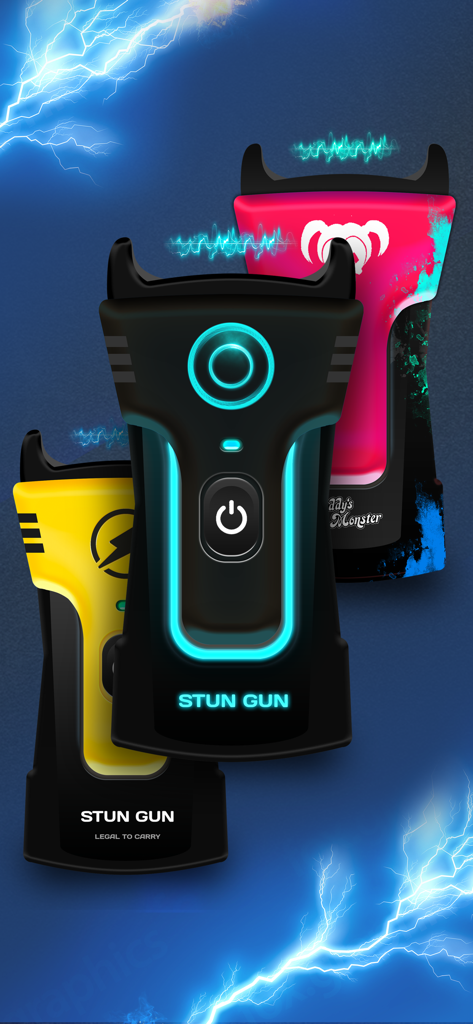 Multiple customizable stun gun skins with electric effects for a mobile prank app
