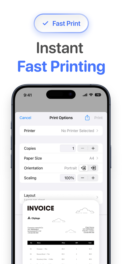 Smart Printer App for HP · - Interfaz de la aplicación Smart Printer que muestra opciones de impresión y vista previa de factura en un dispositivo móvil.