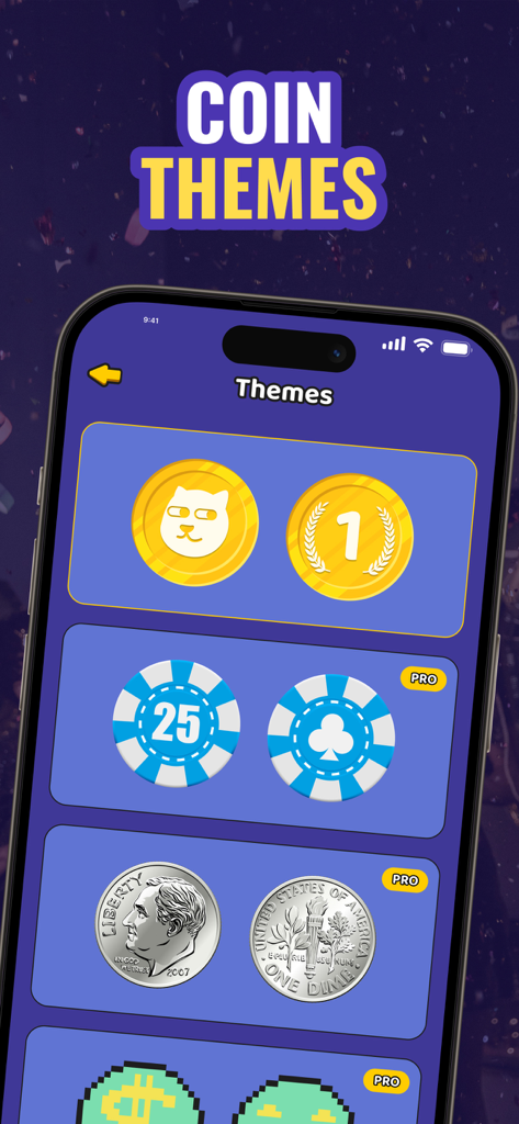 猫コイン、ポーカーチップ、実際の通貨スキンなど、さまざまなコインカスタマイズテーマが表示されたアプリ画面。