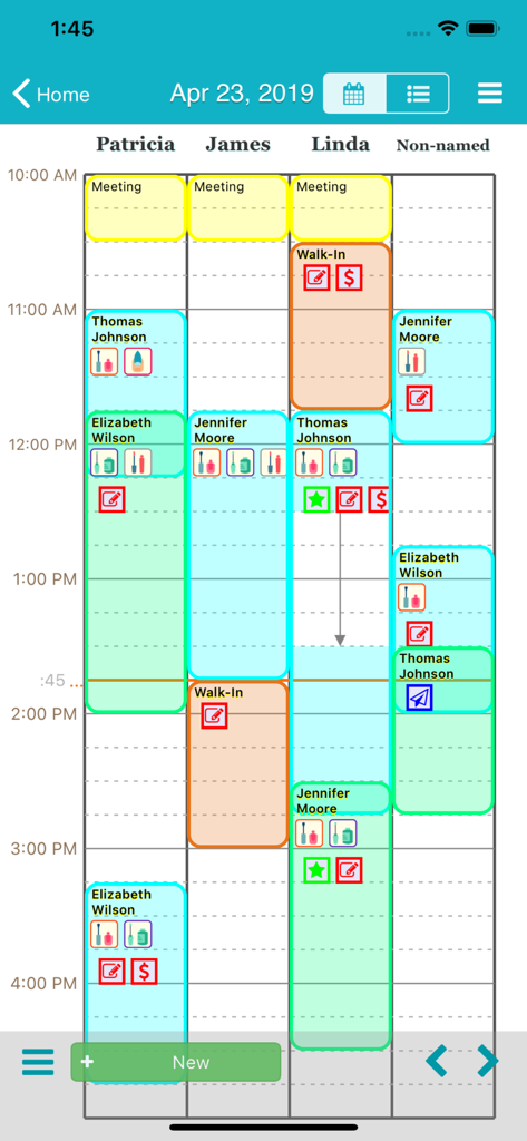 Daily appointment calendar in TapNail app showing color-coded schedules for multiple manicurists.