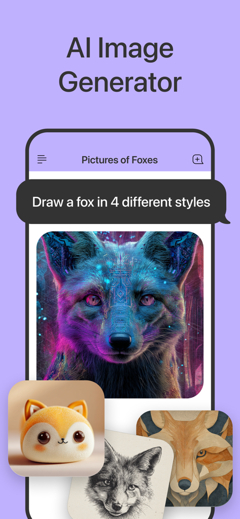 Yuna AI - Chatbot & Assistant - Yuna AI image generator displaying four different artistic styles for a fox drawing