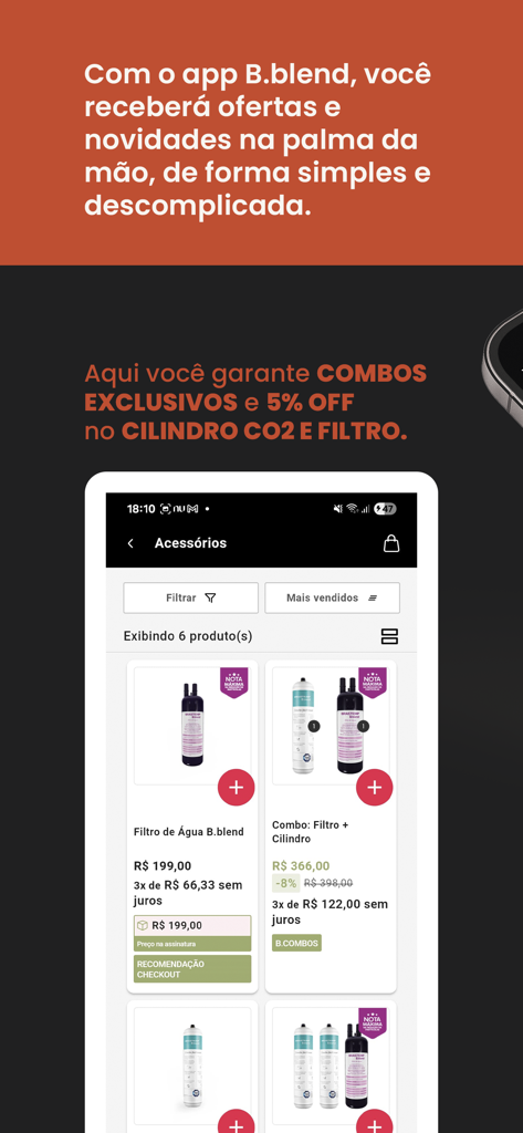 The B.blend app store interface featuring water filters and CO2 cylinders for sale with exclusive user offers