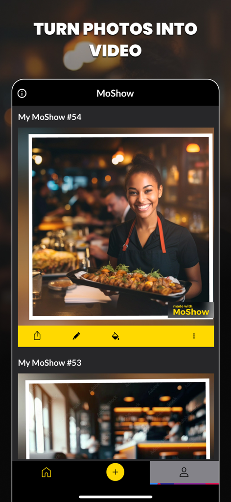 MoShow Slideshow Maker Video - Interface de l'application MoShow montrant une photo d'une serveuse convertie en diaporama vidéo professionnel
