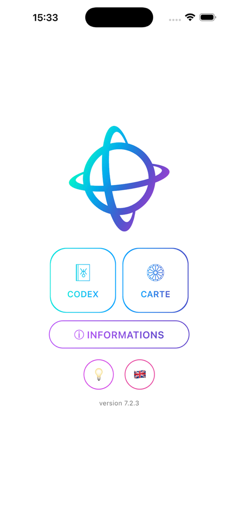 Odysseus® - Main menu of the Odysseus Uranian astrology app showing buttons for Codex and Carte