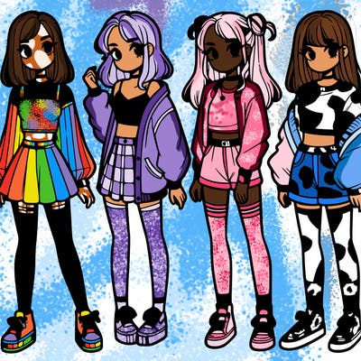 one girl with crop-top shirt and a jacket with a skirt, long socks and another girl with a shirt and pants with a jacket