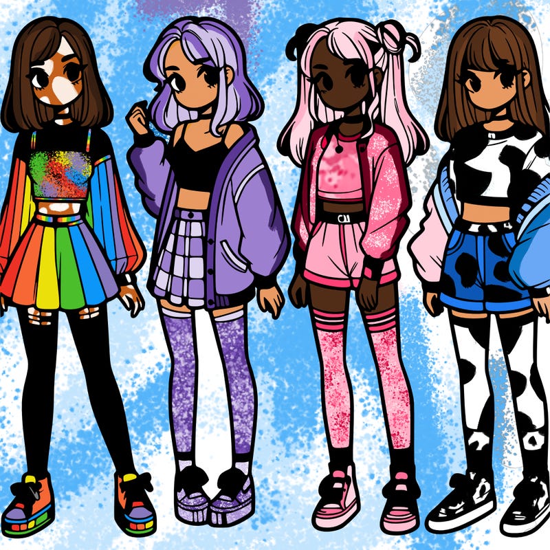 one girl with crop-top shirt and a jacket with a skirt, long socks and another girl with a shirt and pants with a jacket