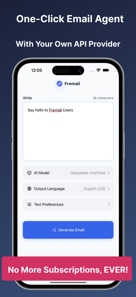 Fremail - AI Email Generator - Fremail AI email generator interface on iPhone with no subscriptions banner