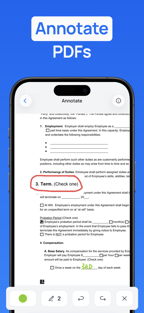 Signature Maker & PDF Signer - Mobile app interface for annotating PDF documents with drawing tools and handwritten notes on a professional contract.