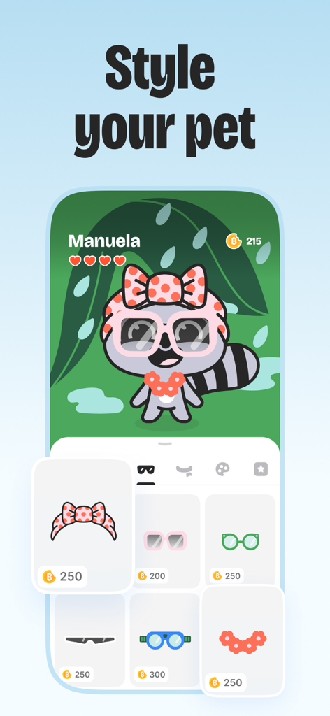 BitePal: Food Tracker Pet - A screen from the BitePal app showing a cute raccoon pet being customized with a bow and glasses.