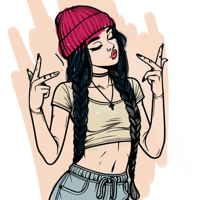 realistic teenage girl with braids and a beanie and crop top doing 🫶🏼