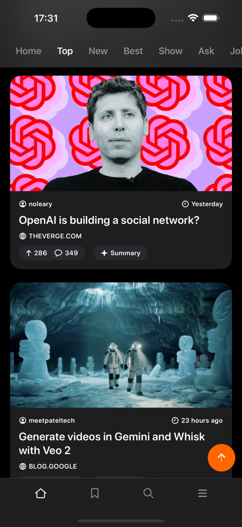 Hazumi for Hacker News - La aplicación Hazumi para Hacker News muestra un feed de las principales noticias tecnológicas con tarjetas de artículos e imágenes en modo oscuro.
