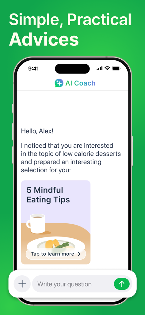 PlateAI - MyNetDiary AI Coach - PlateAI chat interface showing personalized nutrition advice and mindful eating tips from the AI coach.