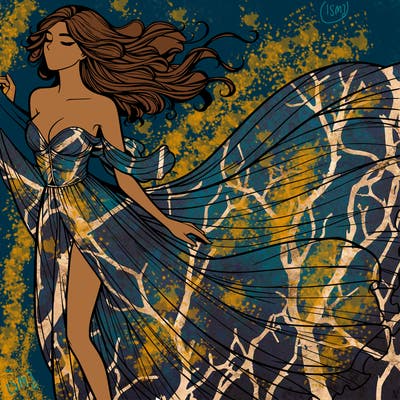 realistic woman in dress flowing the the wind