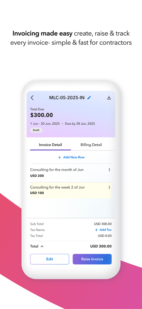 Payoneer Workforce Management - Interface da aplicação móvel Gestão de Força de Trabalho Payoneer mostrando um ecrã de detalhes de fatura com itens de linha e um botão Criar Fatura