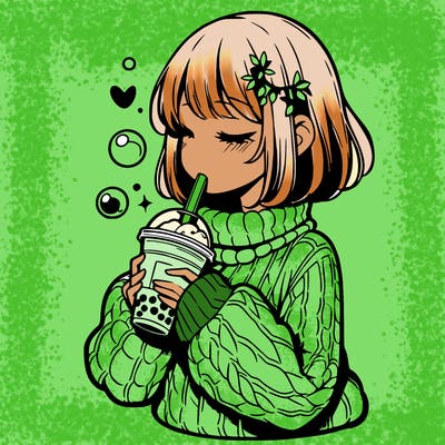 manga girl drinking boba in cozy sweater