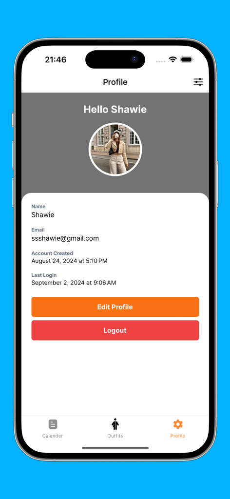 Pantalla de perfil de usuario de la aplicación Outfit Planner que muestra los detalles de la cuenta y las opciones de edición.