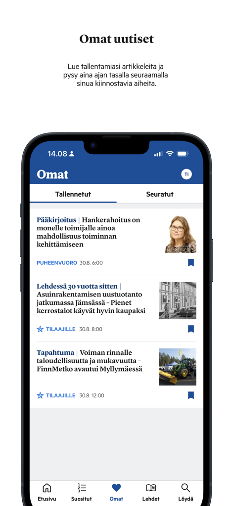 Smartphone screen showing saved local news articles in the Finnish app Jamsan Seutu.