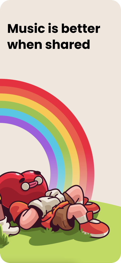 Heart shaped character lying under a rainbow with text saying music is better when shared
