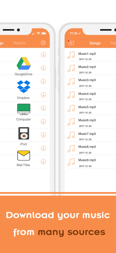 Cloud Music Player - FLAC Play - Screenshot of the Cloud Music Player interface showing options to download music from Google Drive, Dropbox, and other sources.