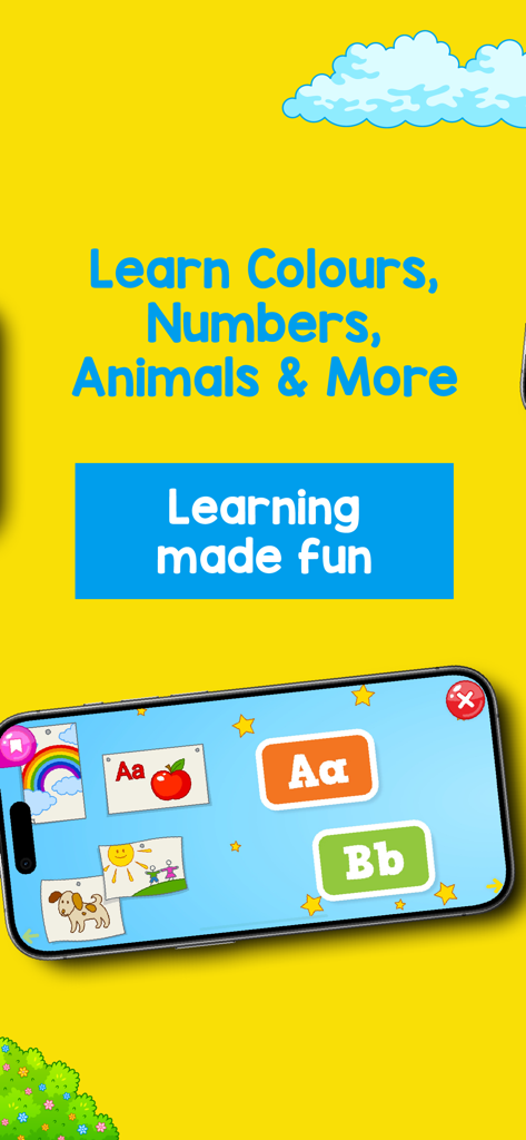 Interface de l'application de comptines Bounce Patrol montrant des activités d'apprentissage de l'alphabet et des couleurs pour les tout-petits