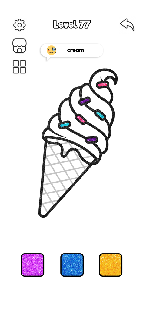 ASMR Coloring Book: Paint Game - An ice cream cone outline ready to be colored with glittery pink blue and gold paints in a mobile coloring game
