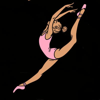 gymnast doing a leap in a leotard with a bent back leg
