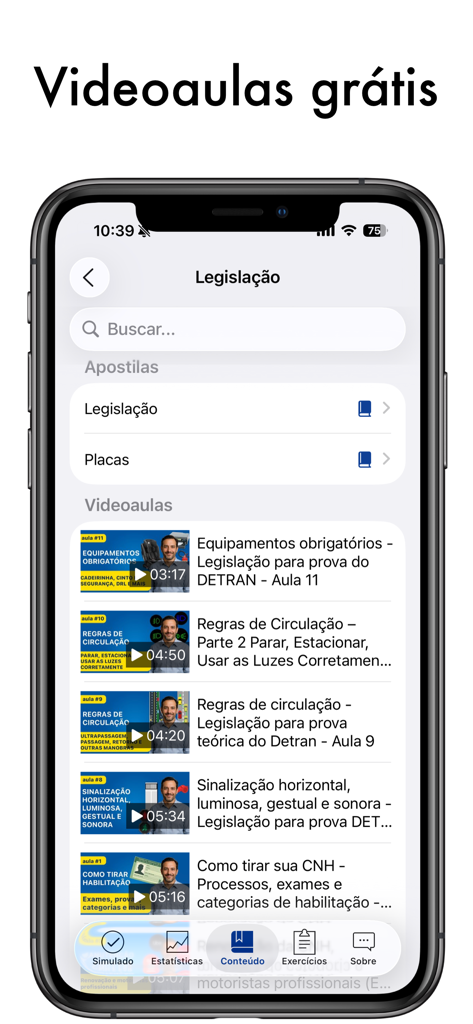 Simulado Detran Simulados CNH - Mobile interface showing free video tutorials for the Brazilian driving test