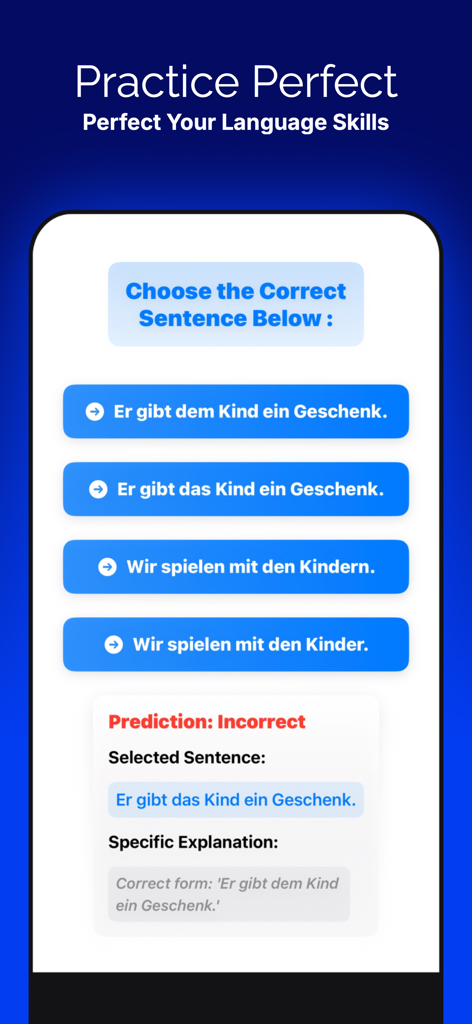 German Grammar B1 - German Grammar B1 app screen showing a grammar quiz with incorrect answer feedback and explanation