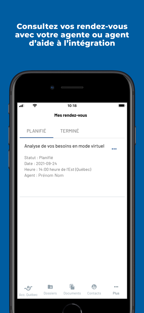 Accompagnement Québec - Mobile screen showing scheduled appointments with an integration agent for Quebec immigration services