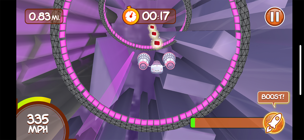 PEZ Play - Jogabilidade do minijogo Hyper Racer na aplicação PEZ Play a mostrar uma nave espacial a correr por um túnel roxo a alta velocidade.