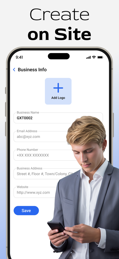 Invoice Maker & Receipt App・ - Business info setup screen in the Invoice Maker app for creating professional invoices on site