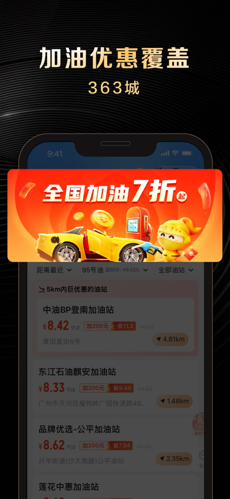 Interface of the Global Purchase Knight Privilege app displaying nationwide gas station discounts and fuel prices in China.