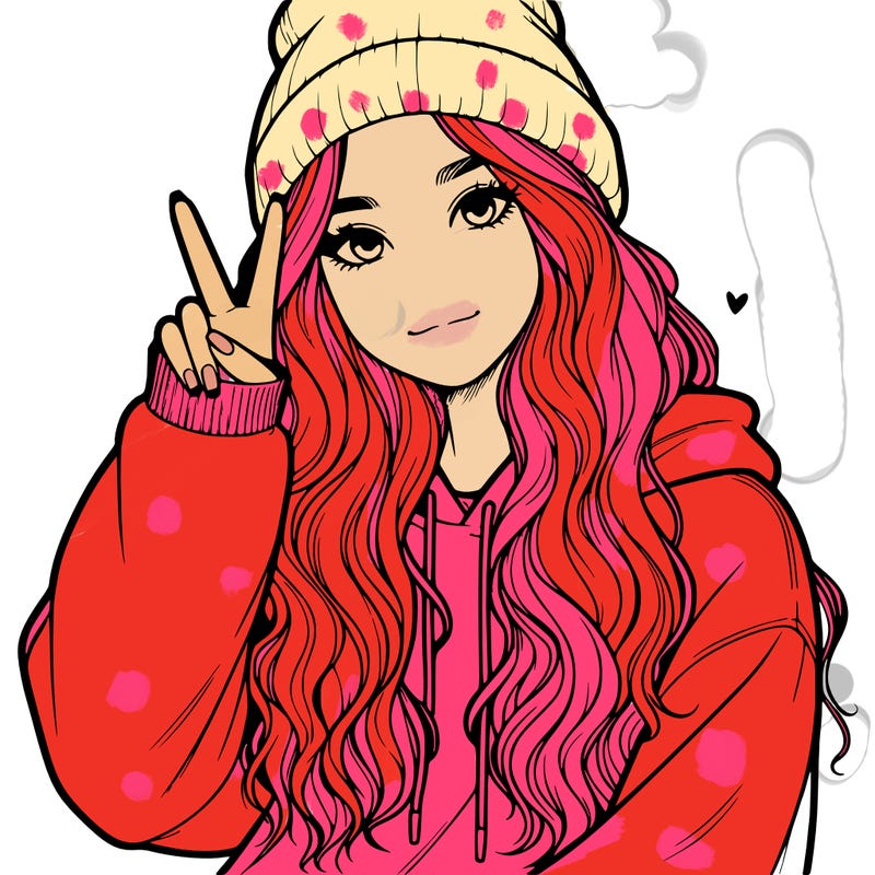 a teenage girl in a beanie, oversized sweatshirt, wavy long hair, and is showing a ✌️