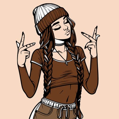 realistic teenage girl with braids and a beanie and crop top doing 🫶🏼