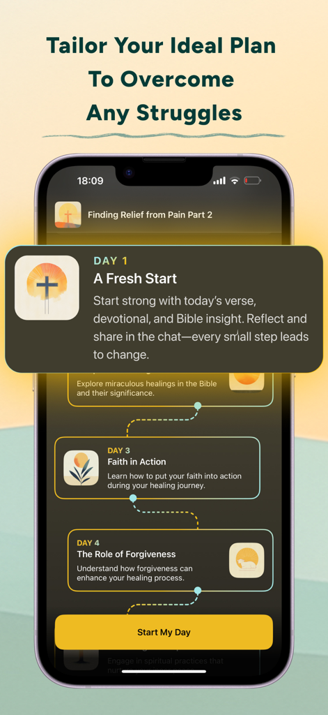 Uno smartphone che mostra un piano di studio biblico personalizzato con moduli giornalieri per la crescita spirituale e il superamento delle difficoltà.